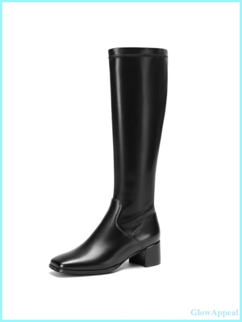 Knee High Boots Square Toe Stretch PU Leather Low Heel Dress Shoes
